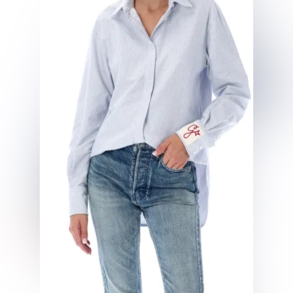 Golden Goose Striped Boyfriend Button-Front Shirt with Red Embroidery